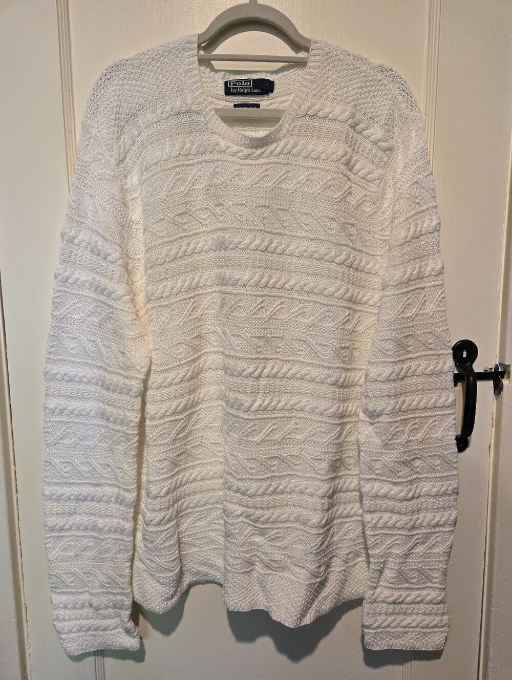 Polo by Ralph Lauren 100% Cotton Hand Knit  White Cable Crewneck Sweater SizeXXL